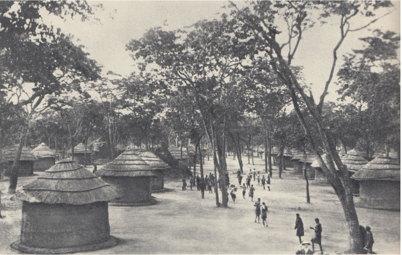 Historical photograph showing one of the earliest UMHK labour camps: rows of round thatched huts under tall trees.
