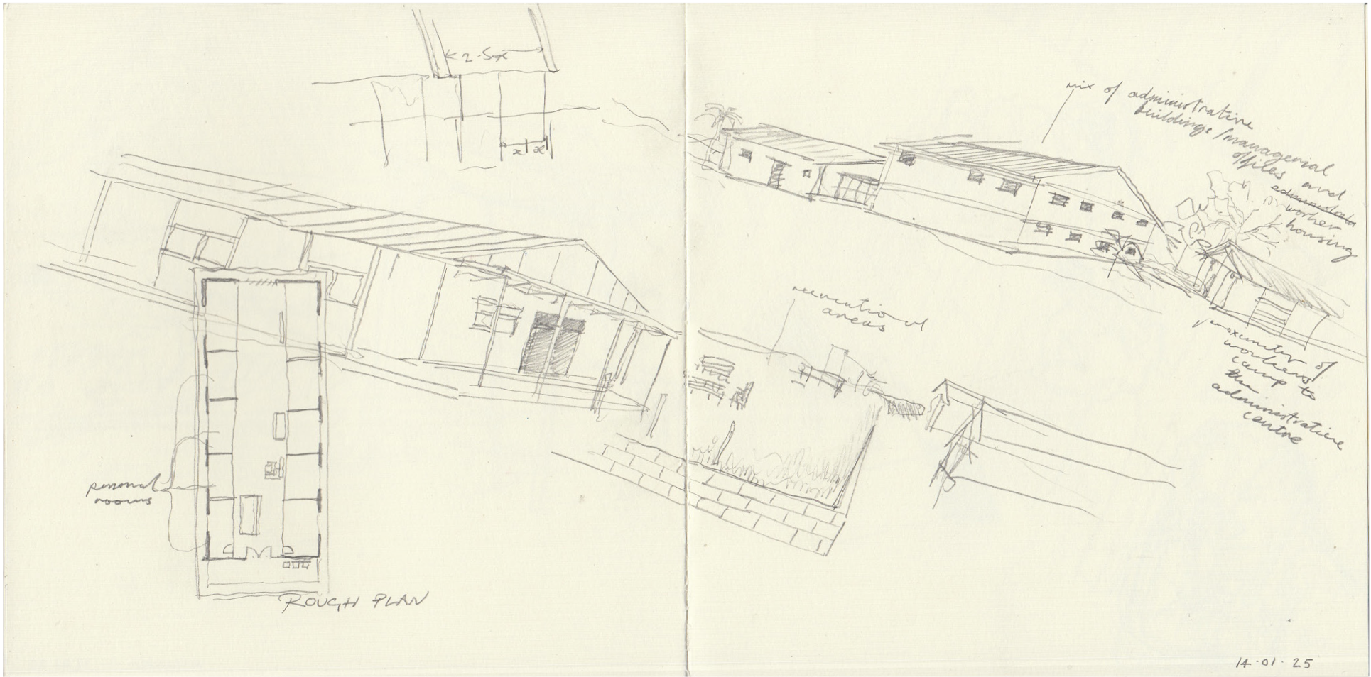 Author's sketch of elements at a labour compound in Kisanfu mine, showing plans and elevations in pencil.