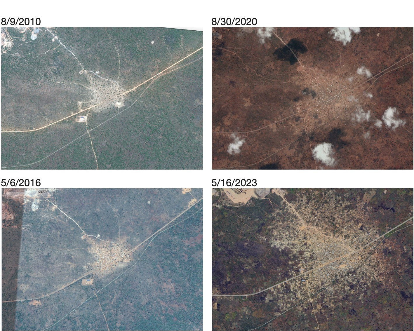 Four satellite images of the Kamoa area dated 2010, 2016, 2020, and 2023, showing the rapid growth of mining infrastructure and surrounding settlement.
