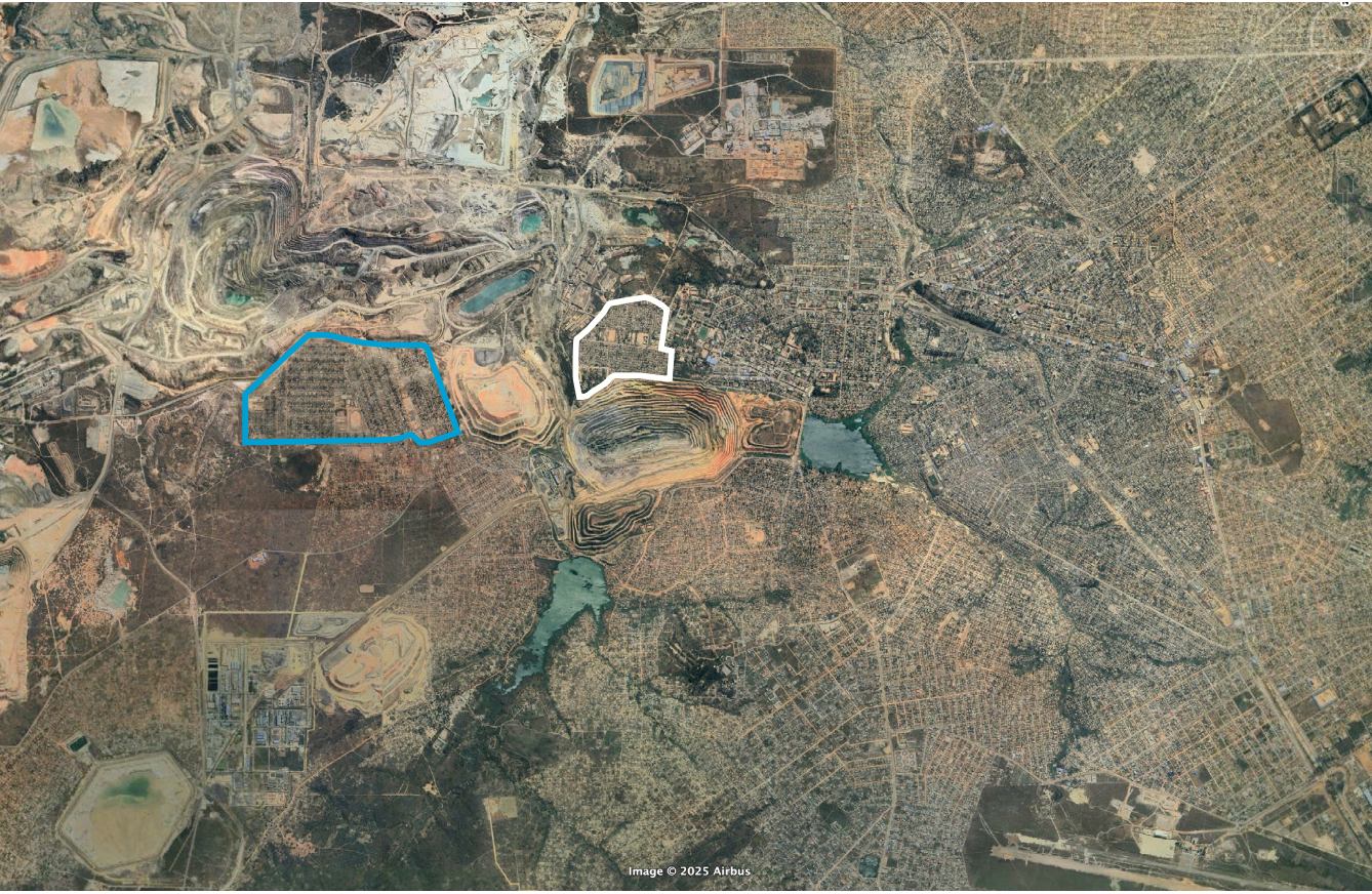 Satellite view of Kolwezi from above, showing the urban fabric, mining areas, and the Musonoi neighbourhood outlined in blue; cité Kolwezi outlined in white.